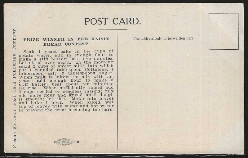 California Raisin Day: April 30, Eat Raisin Bread, Early Postcard, Unused