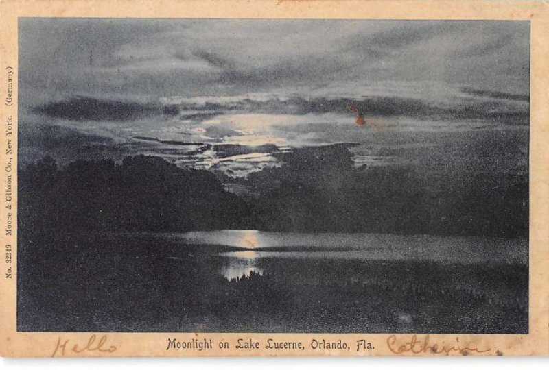 Orlando Florida night view Lake Lucerne vintage pc CC433