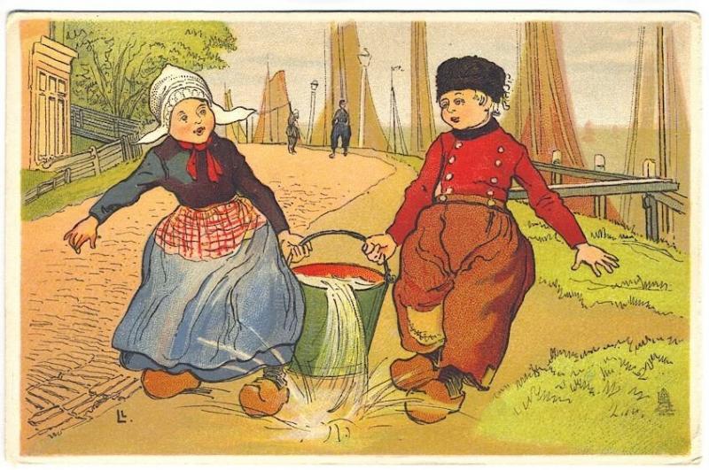 Raphael Tuck Little Hollander Two Children Carrying Water Bucket Postcard