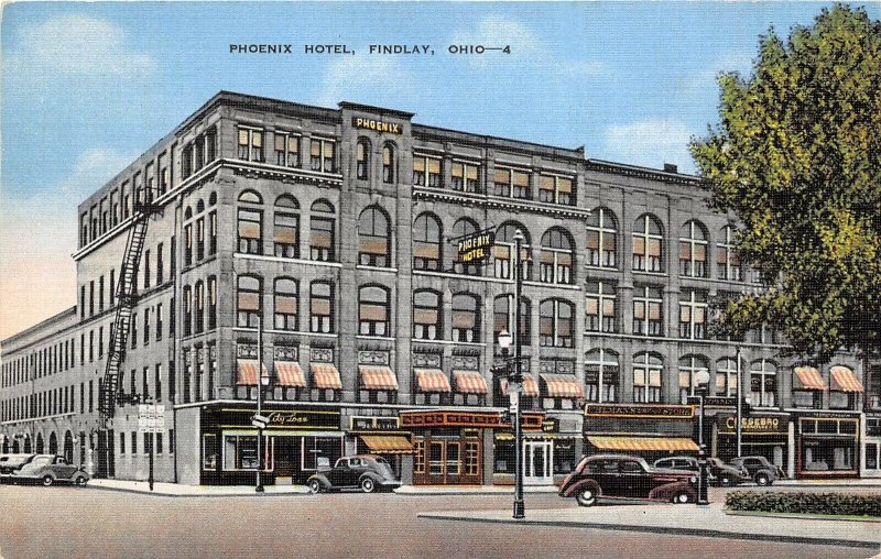 Findlay Ohio 1949 Postcard Phoenix Hotel Shops Cars