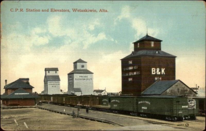 Wetaskiwin Alberta AB RR Train Station & Elevators c1910 Postcard