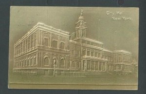 1908 Post Card NYC City Hall Gold Tint Airbrushed Embossed