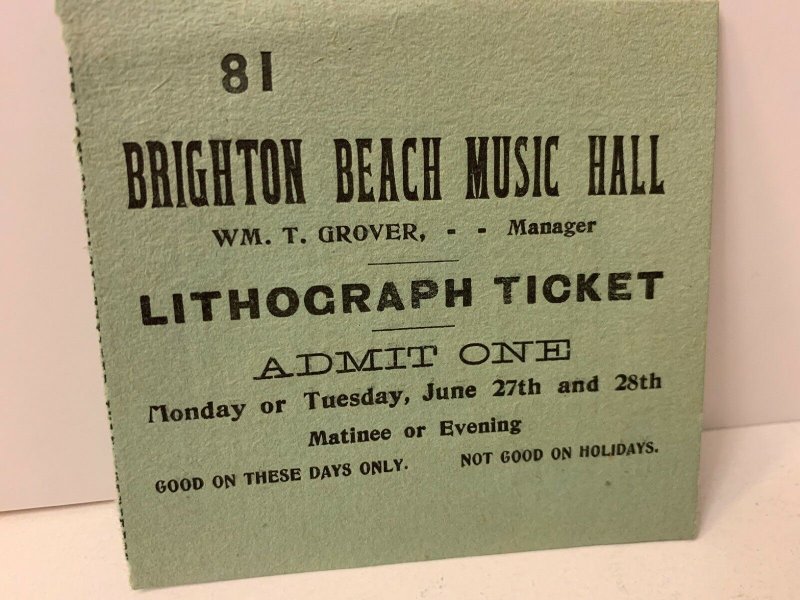 1890's BRIGHTON BEACH MUSIC HALL Coney Island New York NY Ticket