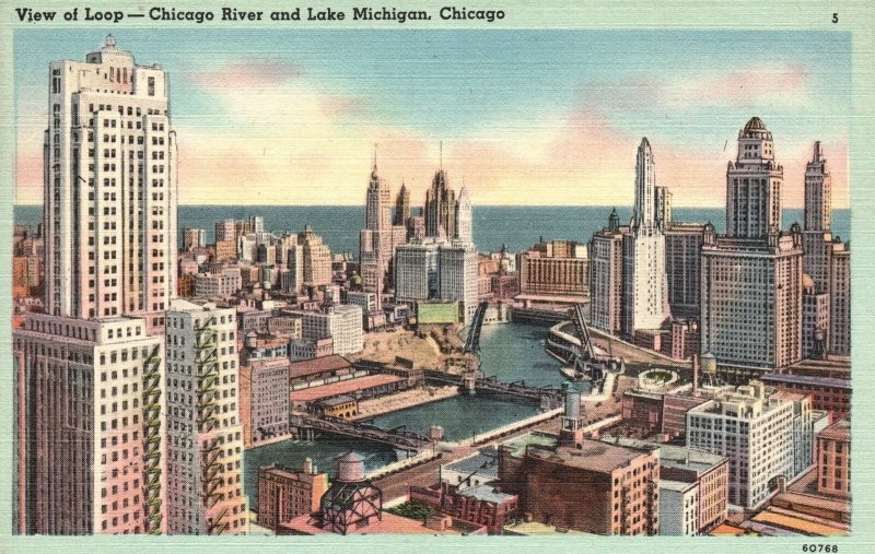 Vintage Postcard 1920's View of Loop Chicago River and Lake Michigan Chicago ILL