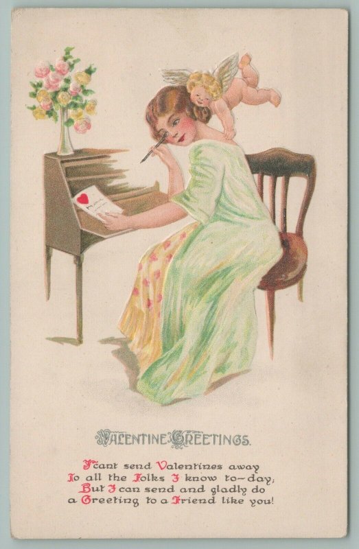 Valentine~Lady Sits At Writing Desk~Cupid On Shoulder~Dressing Gown~Gottschalk 