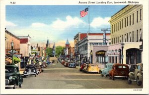 Linen Postcard Aurora Street, Looking East in Ironwood, Michigan