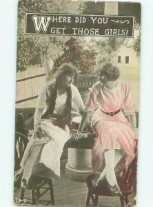 Pre-Linen Slight Risque Interest PRETTY GIRLS SITTING ON THE TABLE AB7573