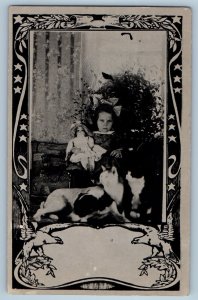 c1910's Child Girl With Doll Cat And Dog RPPC Photo Unposted Antique Postcard