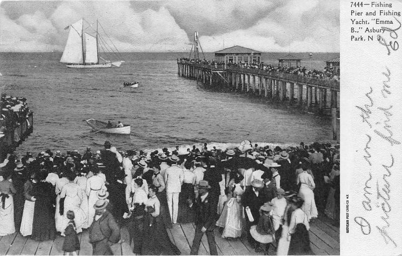 Asbury Park New Jersey~Crowd @ Boardwalk~Fishing Pier & Yacht Emma B.~1906 Pc