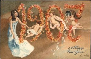 PFB Serie 6415 New Year Beautiful Woman with Cherubs Playing Cards 1907 Postcard