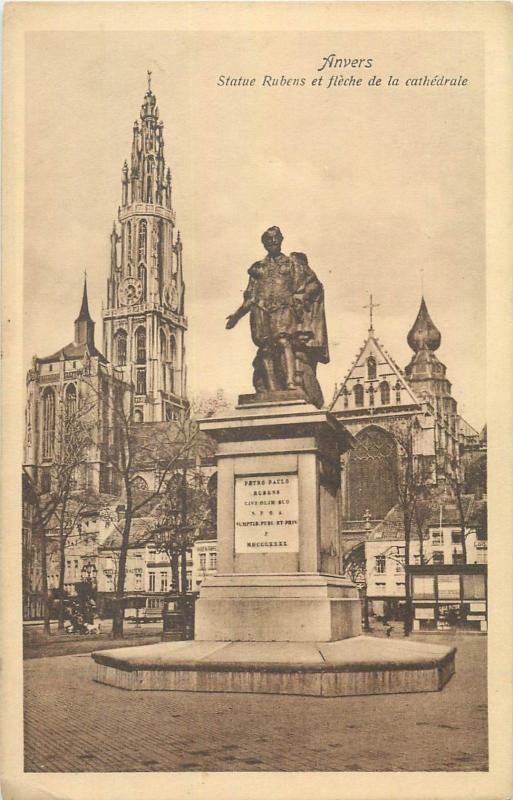 Lot 2 postcards Belgium Antwerp Anvers Rubens statue & cathedral