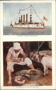 US Navy Armored Cruiser Ship Brooklyn & Peeling Potatoes c1910 Postcard