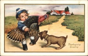 Whitney Thanksgiving Dog Bites Turkey in Girl's Arms Vintage Postcard