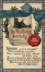 First Class Certificate Award Do Nothing Society Sarcasm c1910 Vintage Postcard