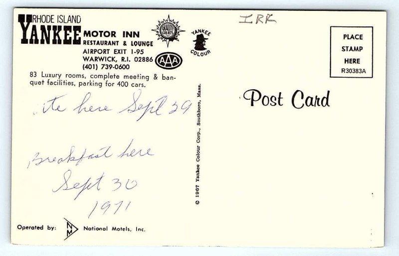 WARWICK, RI Rhode Island ~ YANKEE MOTOR INN  RESTAURANT ~ 1971  Postcard