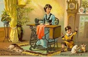 Household Sewing Machine Providence RI Woman Child Cats Playing Trade Card 1880s
