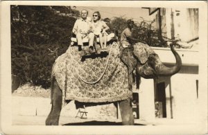 PC INDIA, ELDERLY COUPLE ON AN ELEPHANT'S BACK, Vintage Postcard (b29055)