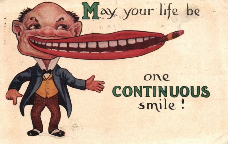 Vintage Postcard 1910 May Your Life Be One Continuous Smile Comic Souvenir Card 