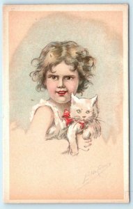 ELDA CENNI Artist Signed LITTLE GIRL & WHITE KITTEN  Postcard