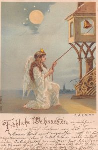 FRÖHLICHE WEIHNACHTEN-ANGEL RINGS BELL~1906 GLASS BEAD GERMAN CHRISTMAS POSTCARD