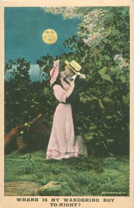 Lovers Beneath Smiling Moon Postcard, Bamforth and Co Romantic Scene