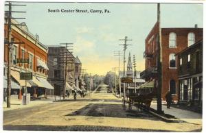 Corry PA South Center Street Restaurant Hotel Storefronts Horse & Wagon Postcard