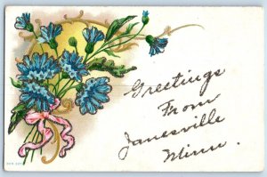 Janesville Minnesota Postcard Greetings Flowers Glitter Embossed 1910 Unposted