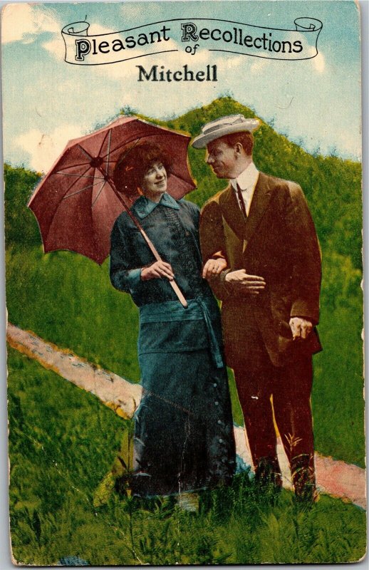 Pleasant Recollections of Mitchell Flirting Couple Vintage Postcard S04