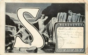 Undiv. Back Postcard; Initial Ser. Large Alphabet Letter S Art Nouveau Maidens