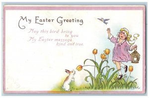 Easter Postcard Greetings Girl Caching Bird Flowers Rabbit Embossed c1910's