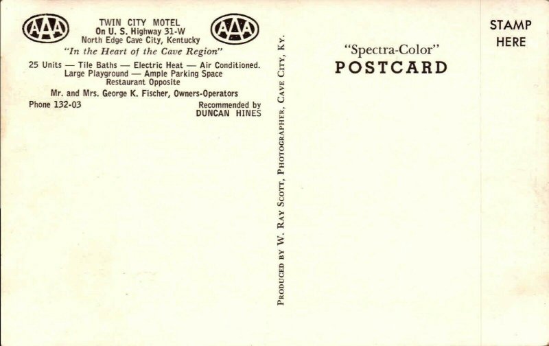 AAA Twin City Motel Cave City Kentucky Vintage Postcard PC328