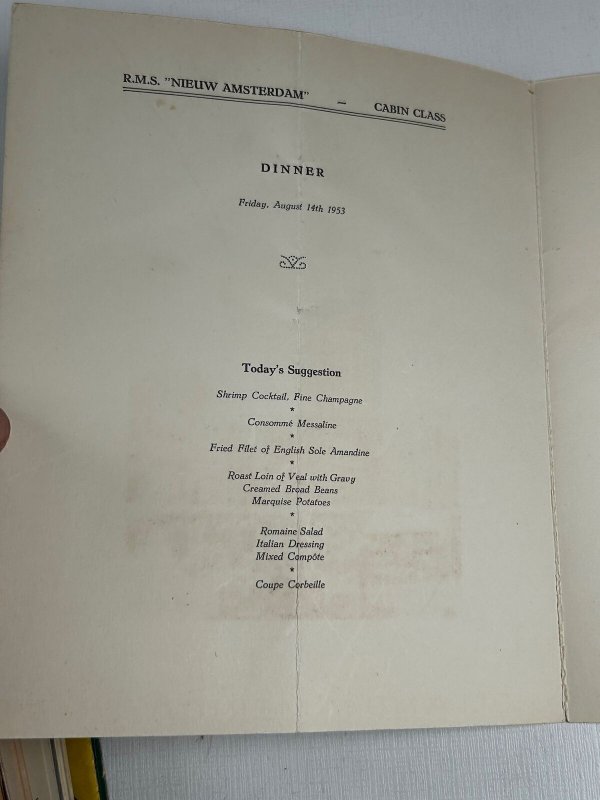 Ship RMS Nieuw Amsterdam Dinner Menu August 14th 1953