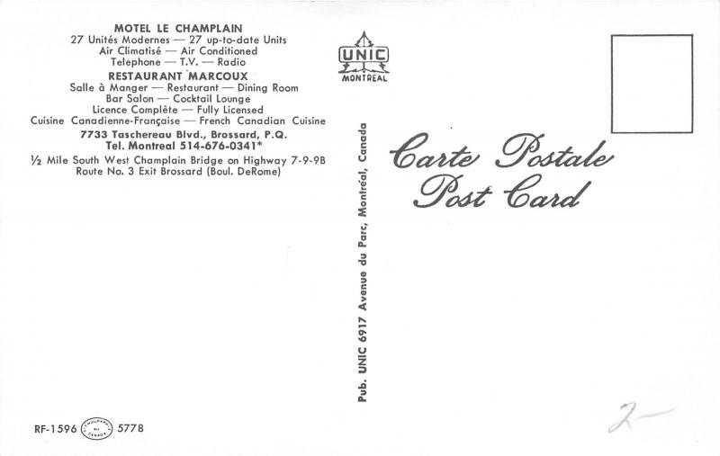 Brossard Quebec~Motel le Champlain~Restaurant Marcoux~Roadside~60s Cars~Postcard