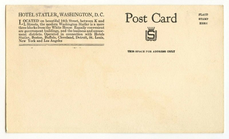 Postcard Hotel Statler Washington D.C. Standard View Card