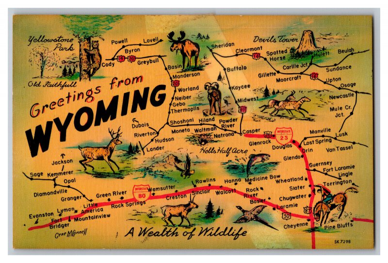 Vintage Postcard Greetings From Wyoming State Map Card 