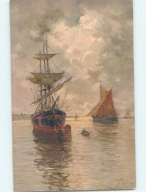 Pre-Linen foreign signed BEAUTIFUL SAILBOAT BOATS ON THE WATER HL6478