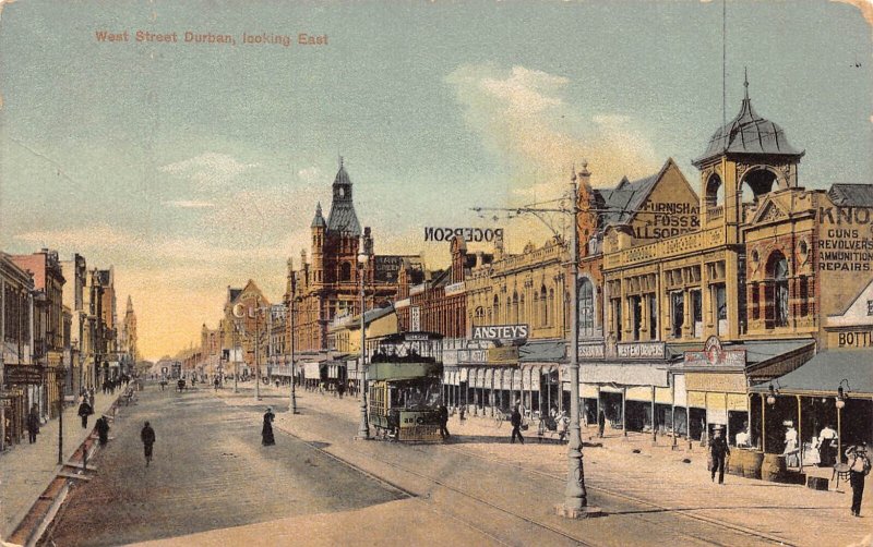 South Africa 1908 West Street Durban Double Decker Tram Anstey's Shops p...