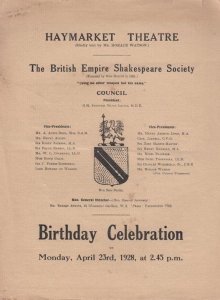 British Shakespeare Empire Birthday Celebration Haymarket 1928 Theatre Programme