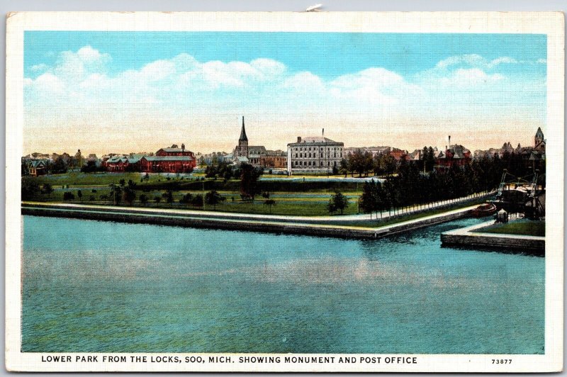 Lower Park From Locks Soo Michigan MI Showing Monument & Post Office Postcard