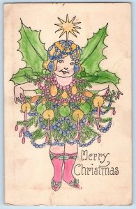 Christmas Children Girl Christmas Tree Costume Hand Painted Art Antique Postcard