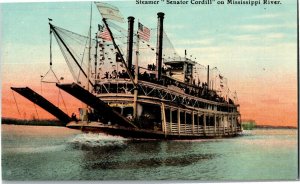 Steamer Senator Cordill on Mississippi River Vintage Postcard E49