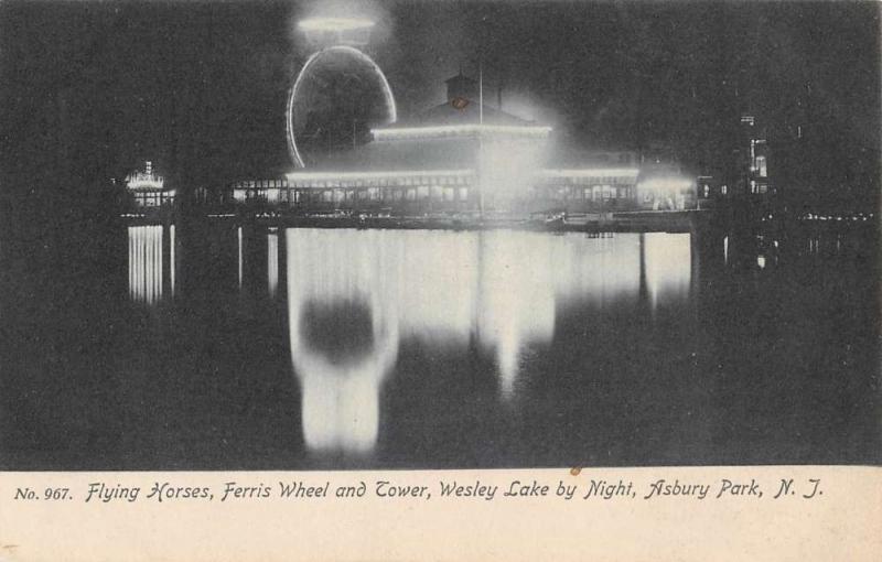 Asbury Park New Jersey Wesley Lake At Night Ferris Wheel Antique Postcard K91023