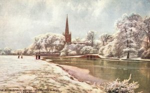 River Avon In Winter Stratford Warwickshire England Snow Vintage Postcard c1910