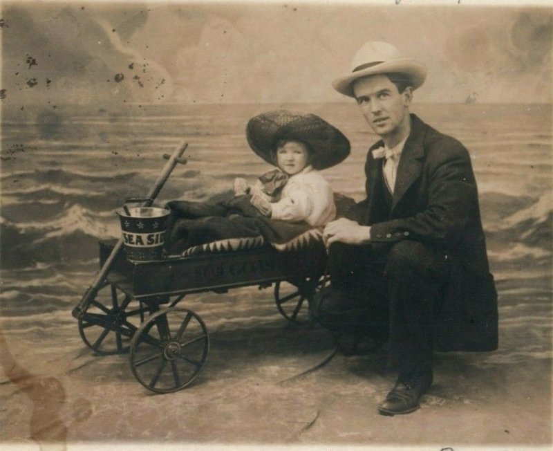 1908 Child Wagon Studio Portrait Long Beach California CA RPPC Photo Postcard