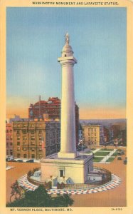 Baltimore Maryland Mt Vernon Place Washington Monument Linen Postcard Unused