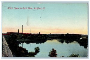 1912 Scene On Rock River Truss Bridges Railway Rockford Illinois IL Postcard