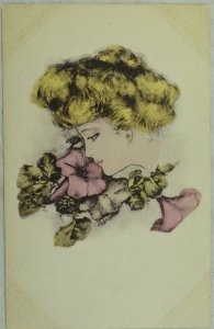 C.1910 Cobb Shinn, Lady Smelling Flowers, Hand Tinted Vintage Postcard P45