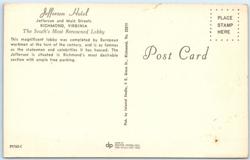 c1960s Richmond, VA Jefferson Hotel Interior Lobby European Work Chrome PC A332