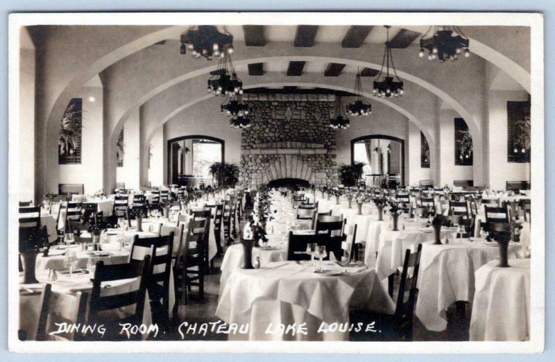 BYRON HARMON RPPC DINING ROOM CHATEAU INTERIOR LAKE LOUISE CANADIAN PACIFIC RR 