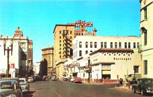 El Paso TX, Mills Street Looking West Hotel Cortez Old Cars, Postcard